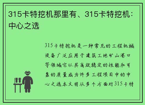 315卡特挖机那里有、315卡特挖机：中心之选