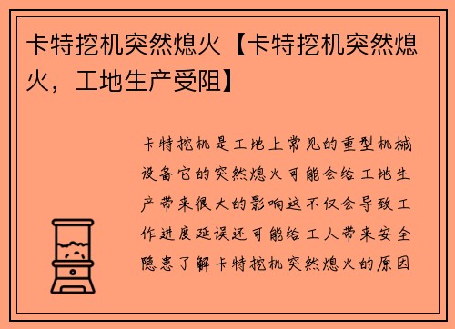 卡特挖机突然熄火【卡特挖机突然熄火，工地生产受阻】